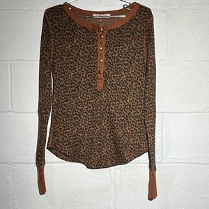Free People Brown Leopard Print Long Sleeve Henley